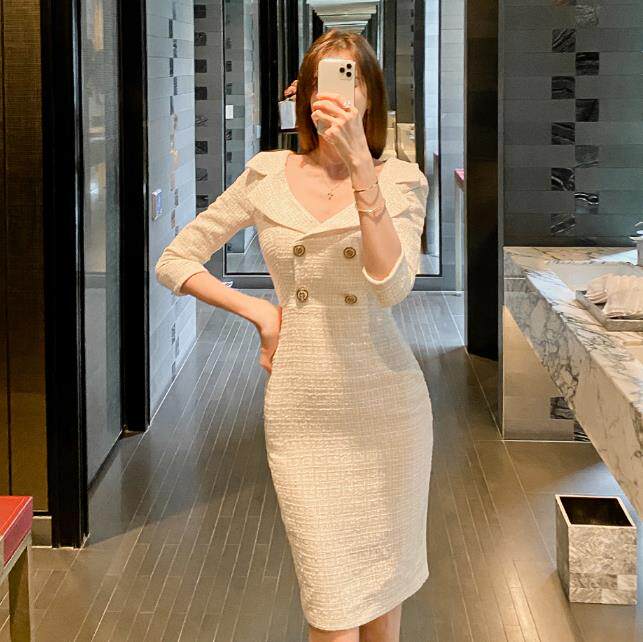 韩国代购正品名媛轻奢高端气质小香风中款连衣裙女春秋修身包臀裙