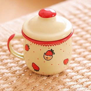 老麦杂货铺 日式田园风可爱草莓搪瓷杯带盖马克杯咖啡杯早餐杯
