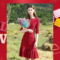 2020春季新款女装法式蕾丝连衣裙圆领百搭镂空鱼尾连衣裙63190