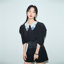 谭松韵明星同款黑色中袖翻领衬衫女OL同款2020春夏缪家新款 G1073