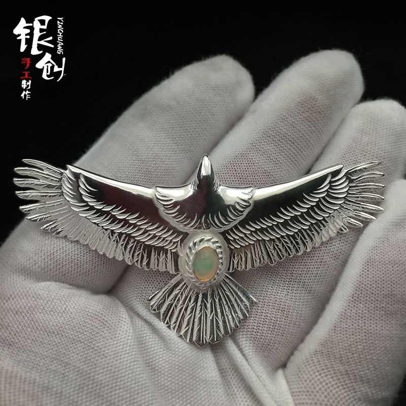 银创高桥吾郎鹫见太郎大鹰金线欧珀石s925纯银菊地健印第安吊坠男