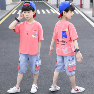 男童韩版时尚薄款短袖套装夏季中大童儿童时尚牛仔工装短裤两件套