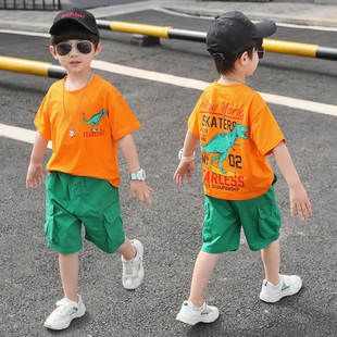 男宝宝韩版帅气短袖套装夏装小男孩纯棉恐龙两件套儿童洋气潮衣服