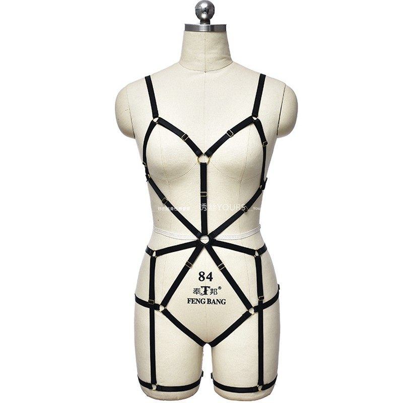 性感吊带连体绳衣束缚捆绑露胸大码情调内衣欧美哥特朋克线束制服