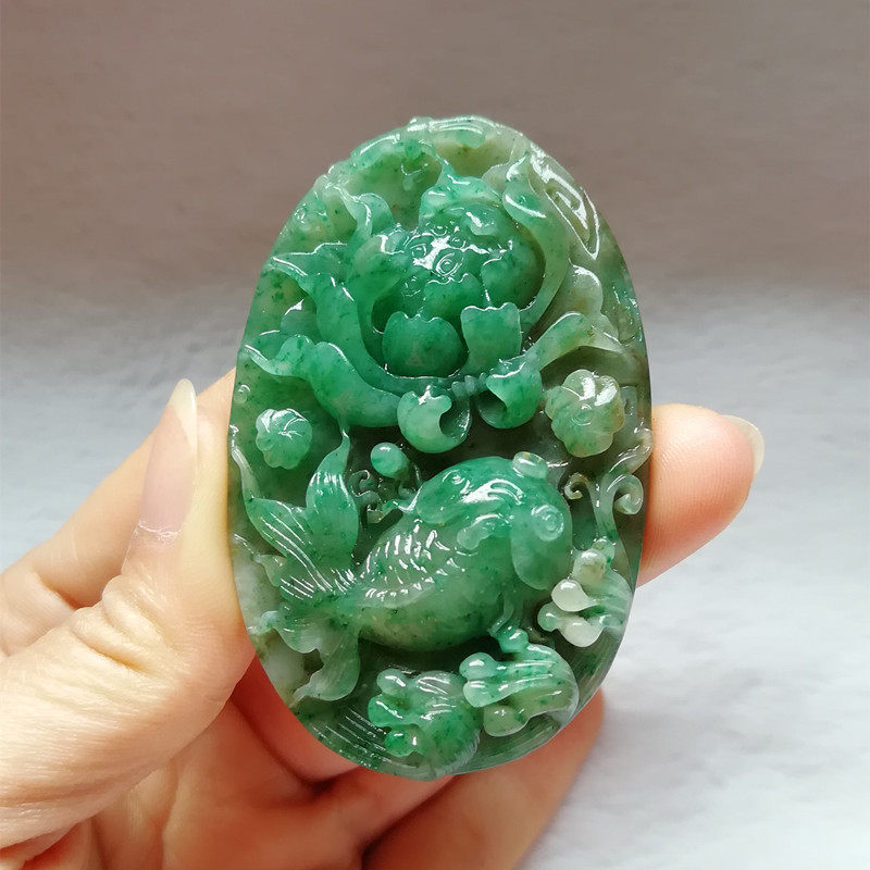 收藏天然玉石独山玉吊坠南阳独玉精工荷花鱼玉器金玉满堂翡翠送证
