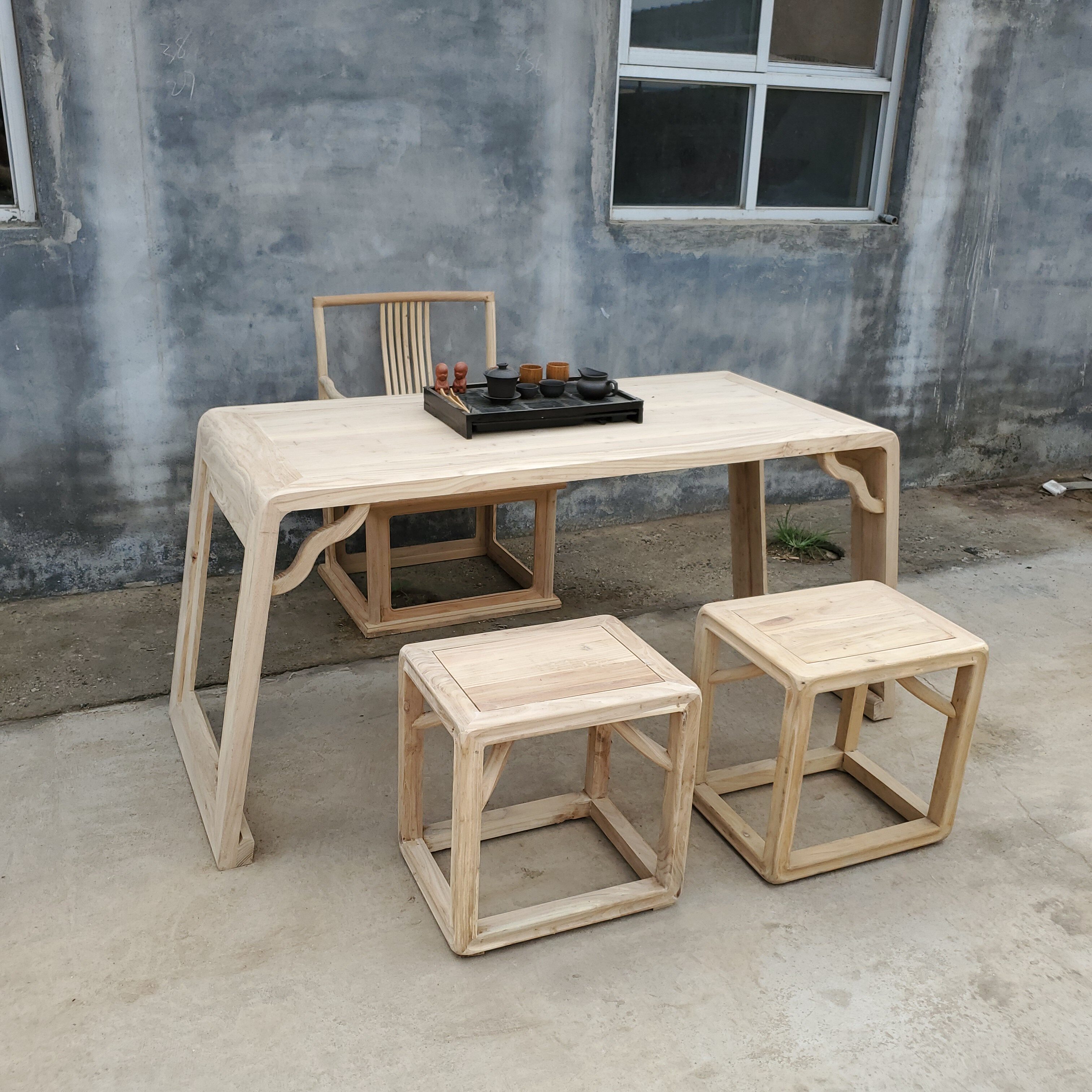 老榆木琴桌新中式茶桌免漆桌办公桌画桌白茬实木家具