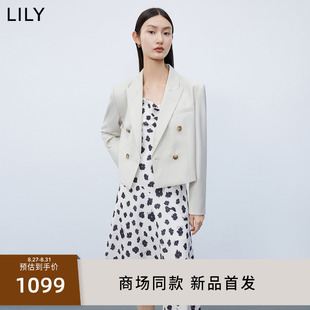 【专柜甄选】LILY2024春新款女装绵羊毛复古双排扣超短小西装外套