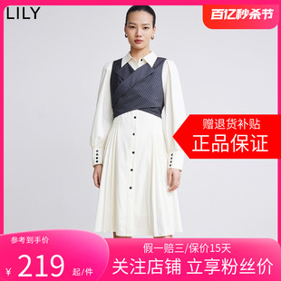 【商场同款】LILY2024春新款女装条纹西装马甲两件套衬衫式连衣裙