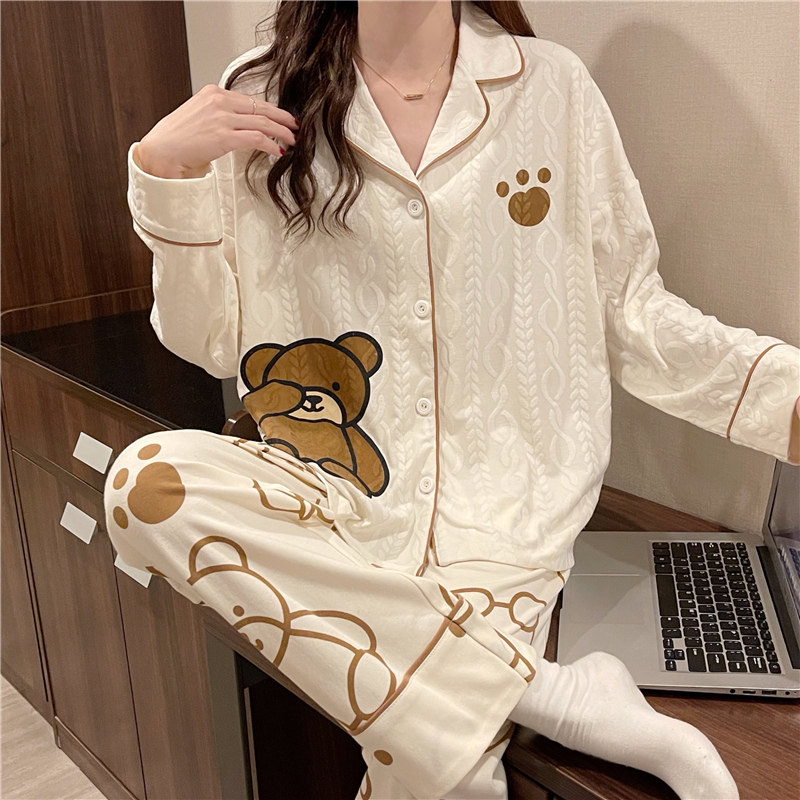 罗丽丝女士纯棉卡通学生套装长袖开衫家居服新款提花冬天睡衣春秋