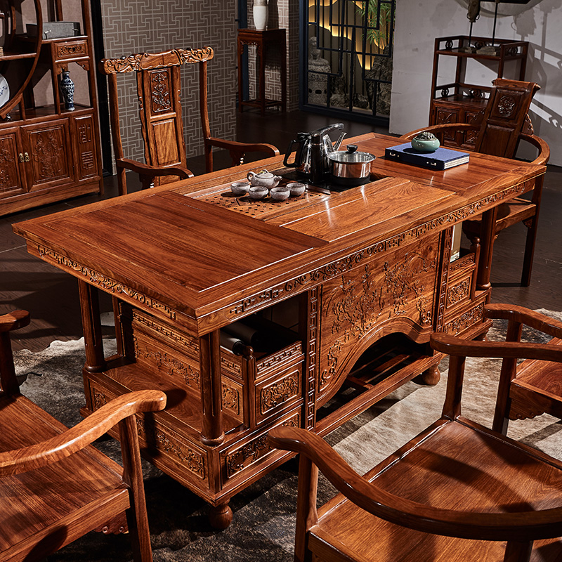 新中式茶桌椅组合实木牡丹办公室功夫泡茶一体花梨木茶台红木家具