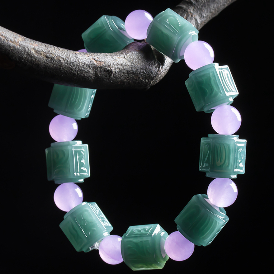 缅甸天然a货翡翠老坑冰糯种蓝水六字真言手链66.01 g(共9颗)