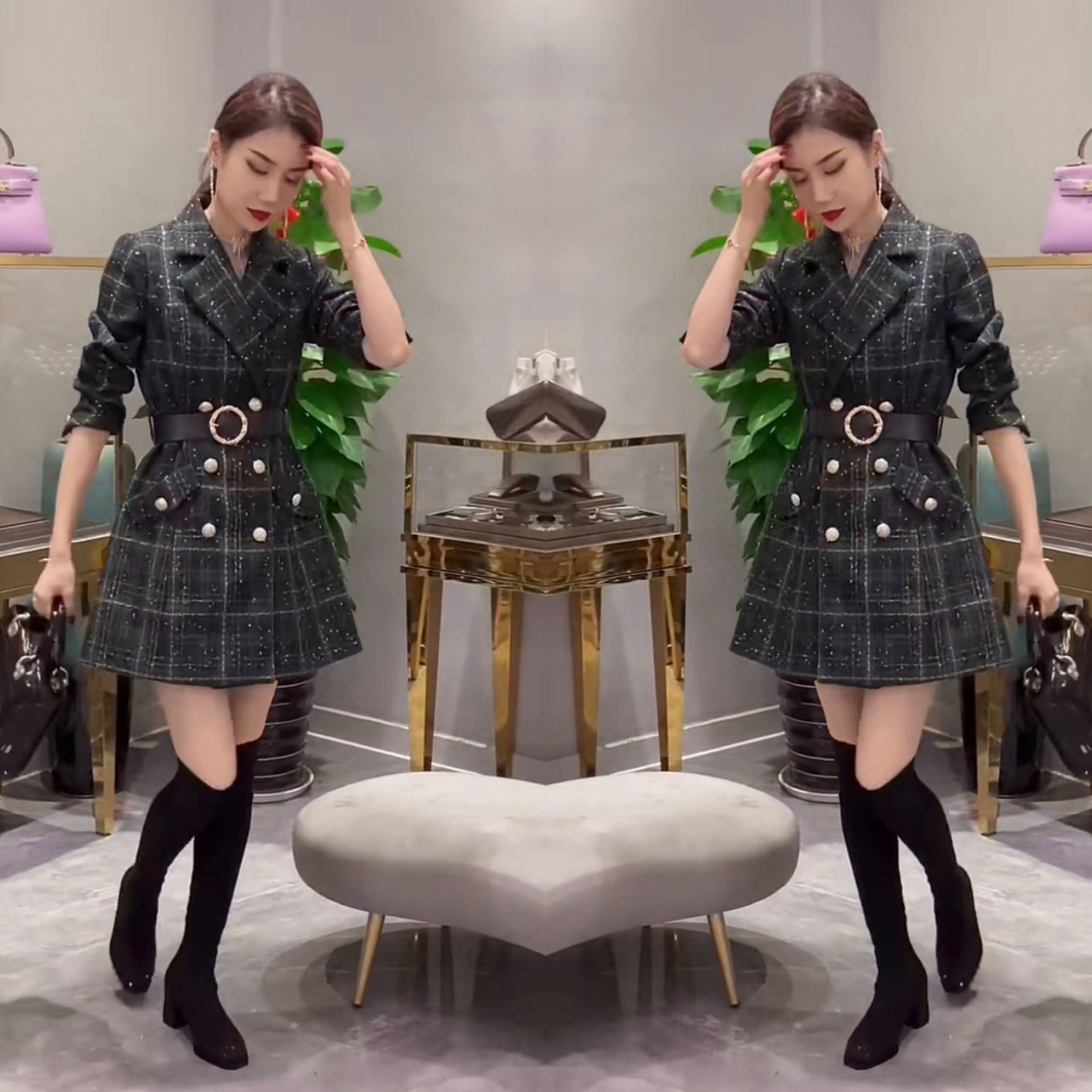 欧洲站网红爆款女装2021年秋季新款时尚修身显瘦西服领连衣裙洋气
