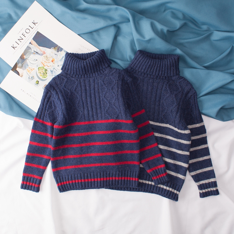 秋冬3-8岁小男孩儿童装线衫时尚帅气高领套头针织衫条纹打底毛衣