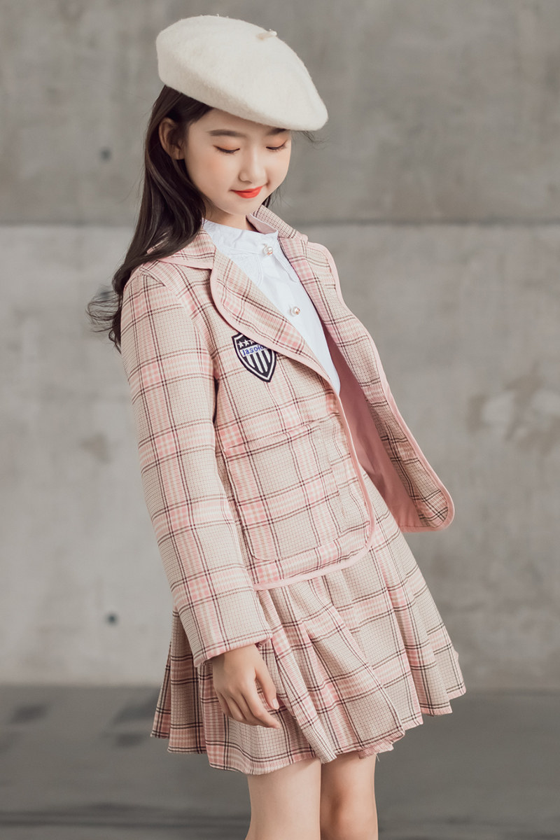 (今日3.8折)女童jk制服西装秋季正版套装中小学生格裙子儿童装学院风