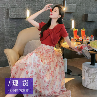 yesjing原创设计法式浪漫套装裙女装2022夏季酒红色半身裙两件套
