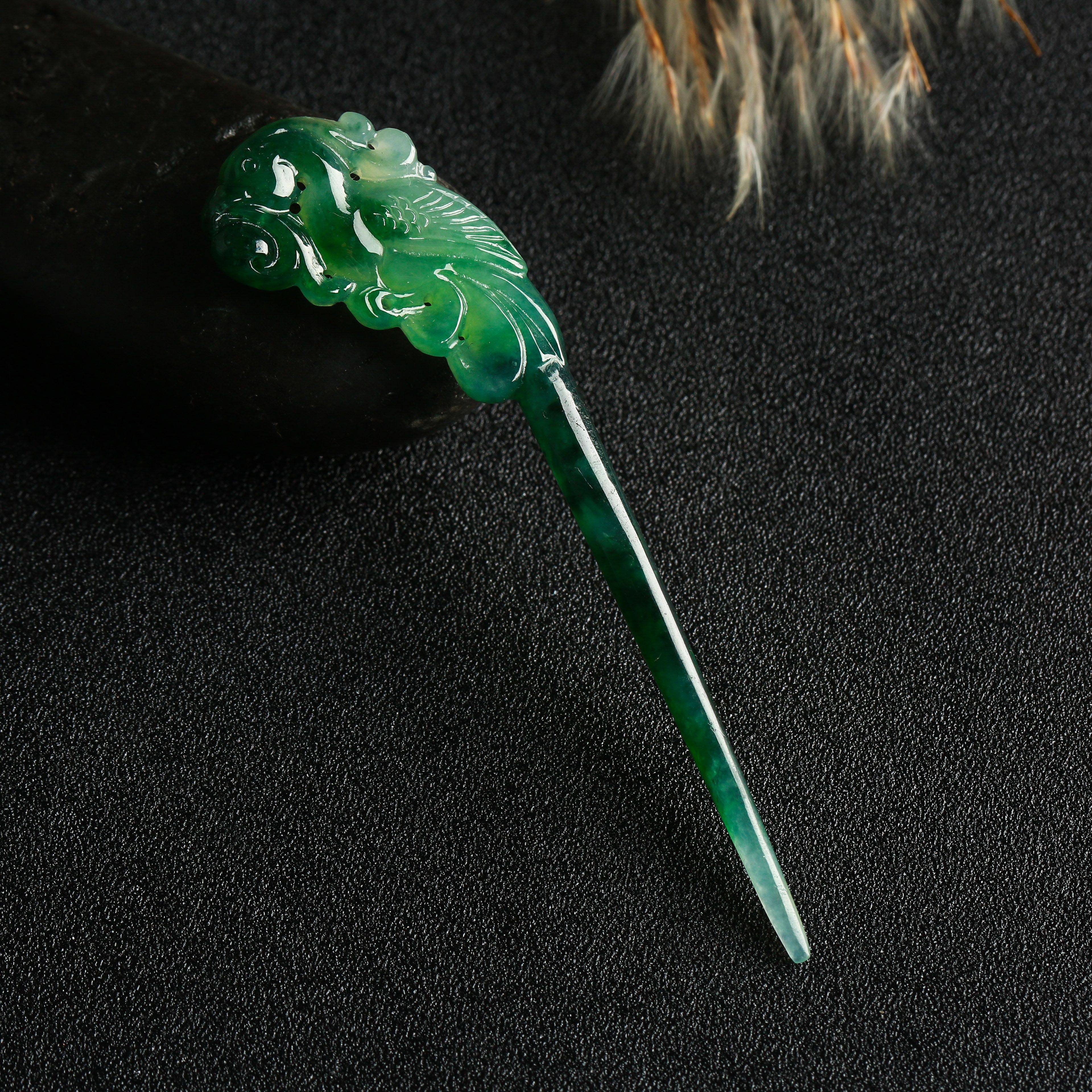 精品~老坑翡翠飘花特色玉凤簪 7.17g