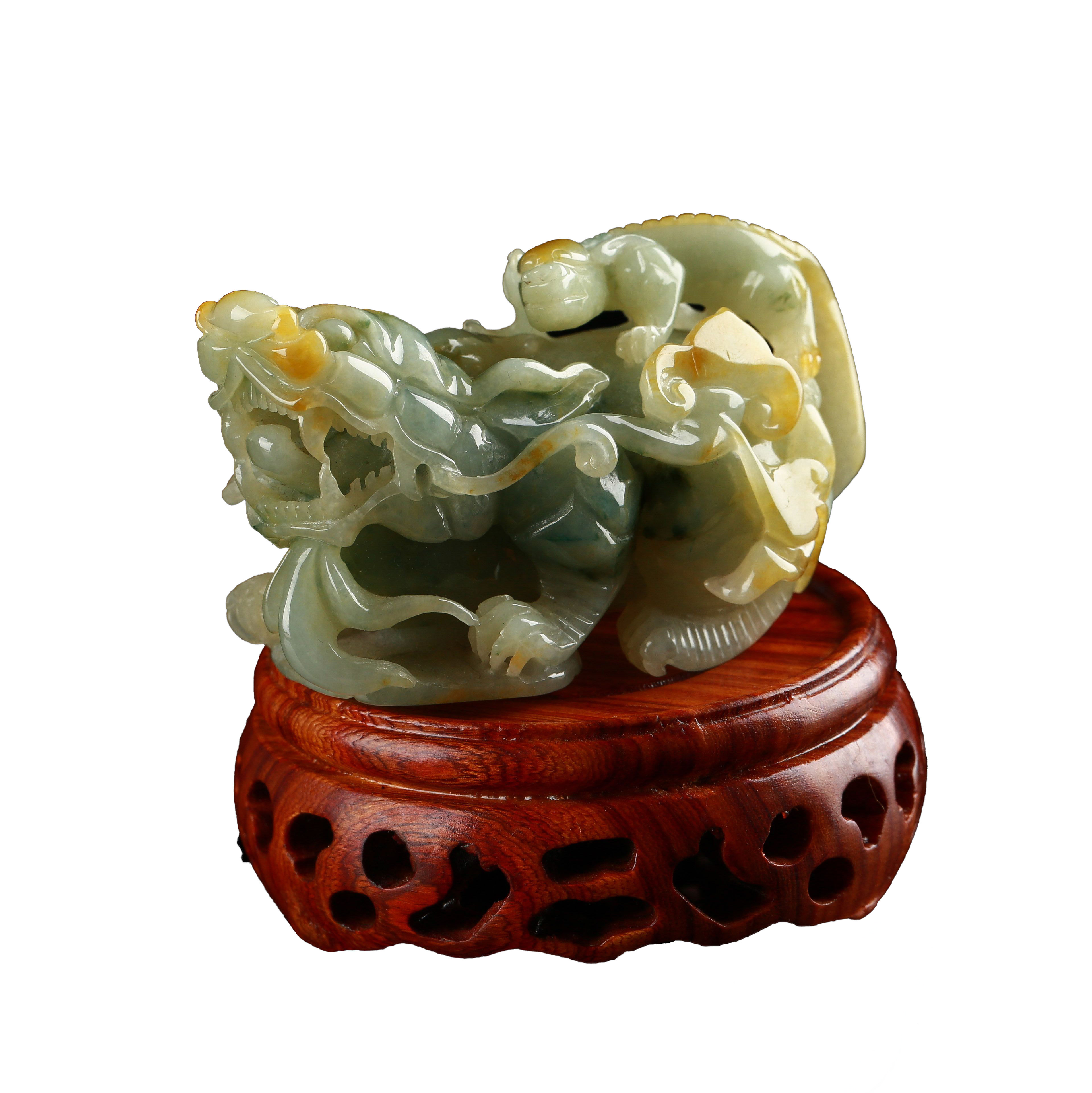 老坑翡翠精雕飘黄翡招财貔貅小摆件 142.11g(包含底座重量)