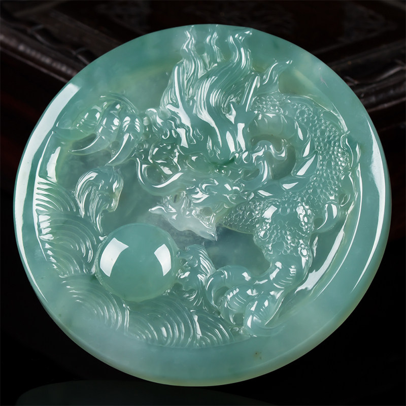 【实物已检】老坑翡翠水润胶感圆形龙牌 35.46g