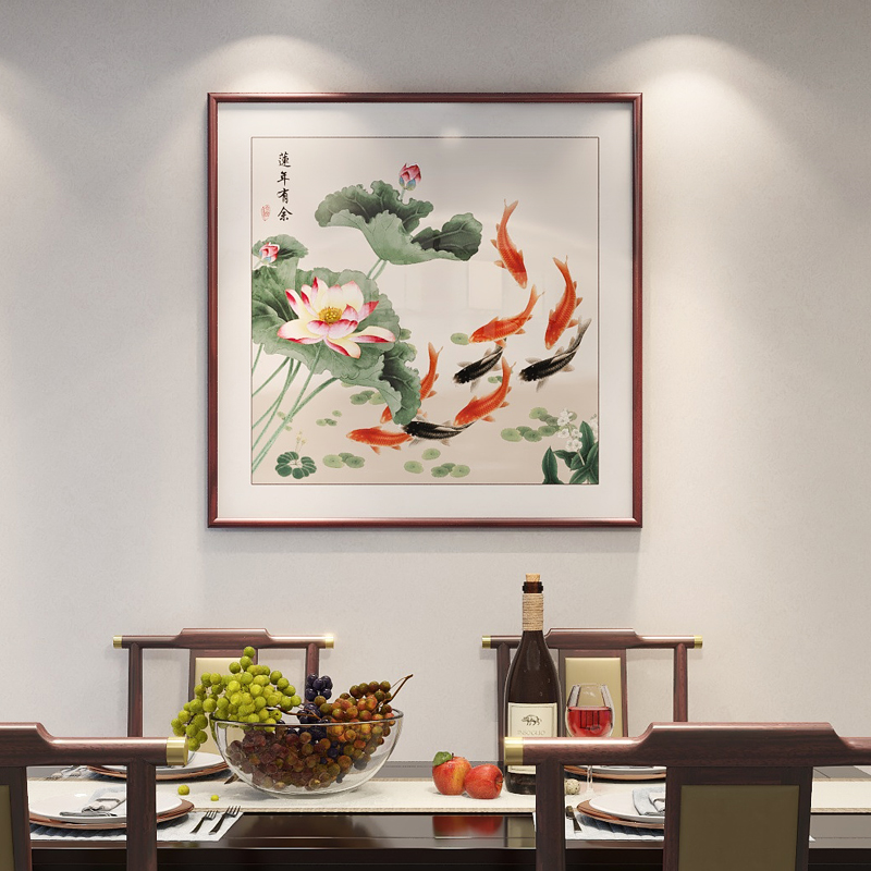 九鱼聚财图新中式餐厅装饰画入户玄关走廊挂画荷花鲤鱼图手绘油画