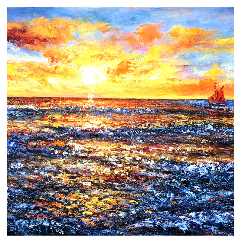 袁素艳《日出朝霞映金海》大尺幅原创布面油画 孤品精品 知名画家