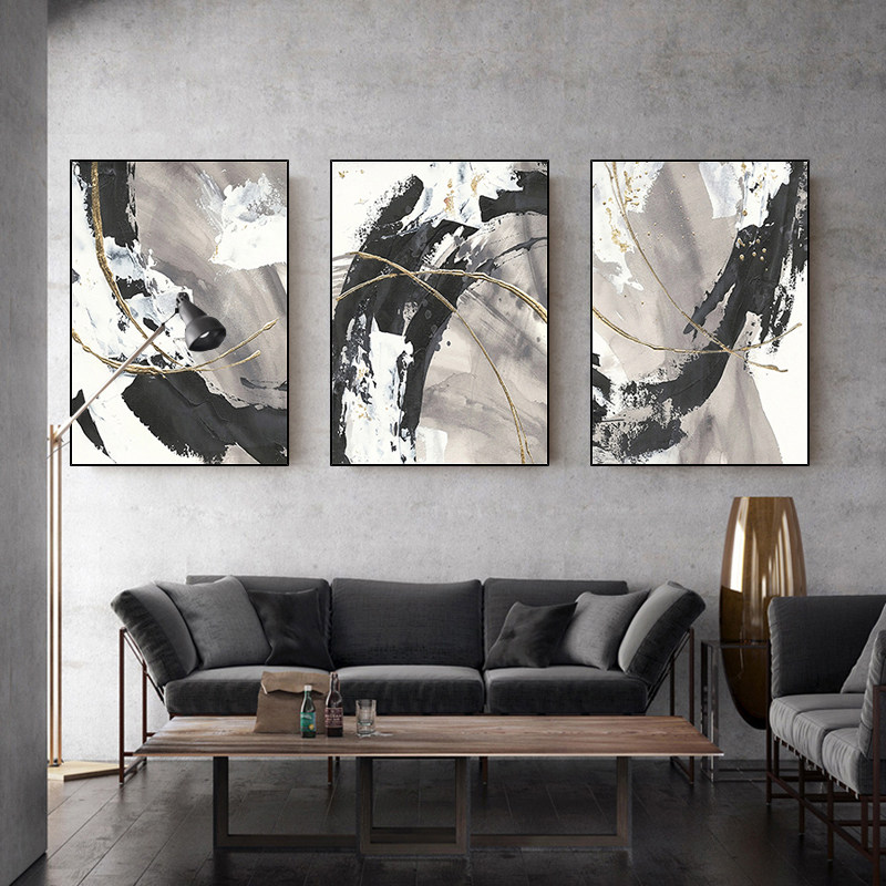手绘油画黑白灰装饰画客厅沙发背景三联壁画玄关过道现代大副挂画