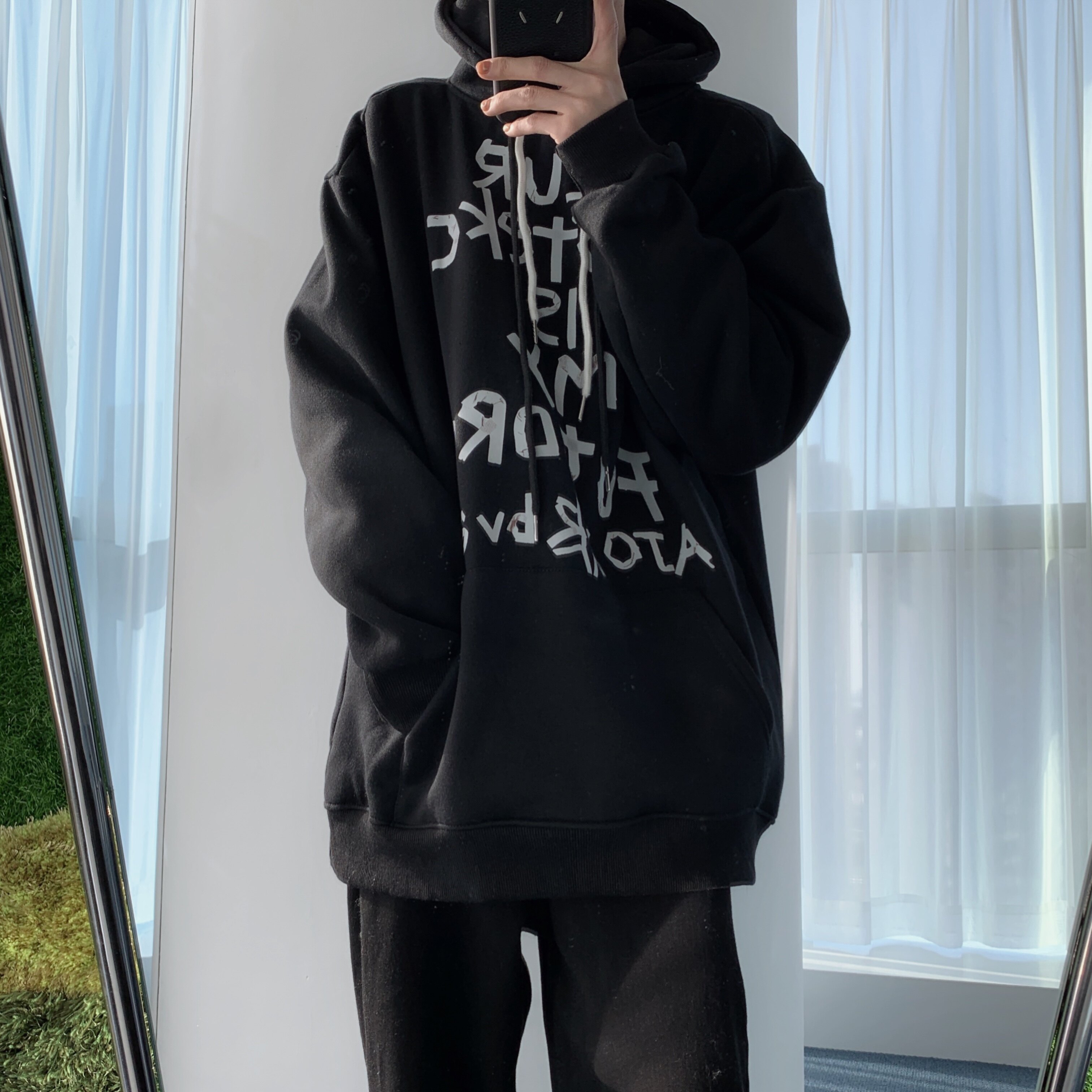 短句先生黑色连帽加绒卫衣男慵懒风宽松休闲秋冬百搭情侣帽衫外套