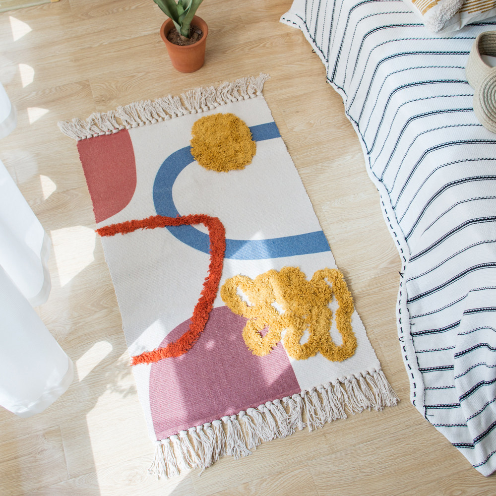 北欧风簇绒地毯客厅民宿卧室床边脚垫摩洛哥几何棉线编织流苏地垫