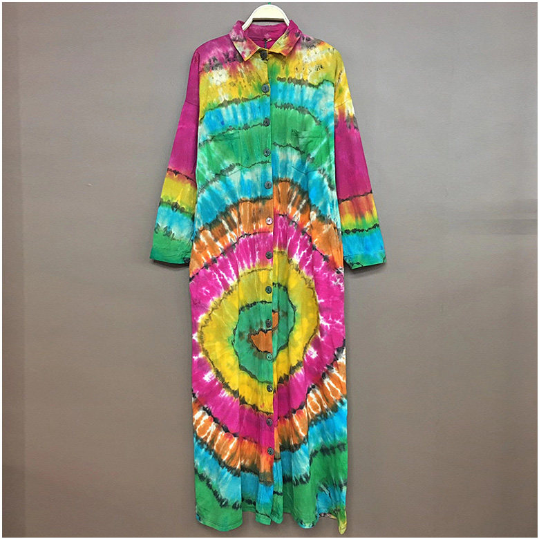 泰国泰棉手工扎染单排扣风衣外套长款 民族扎染长款风衣百搭外套