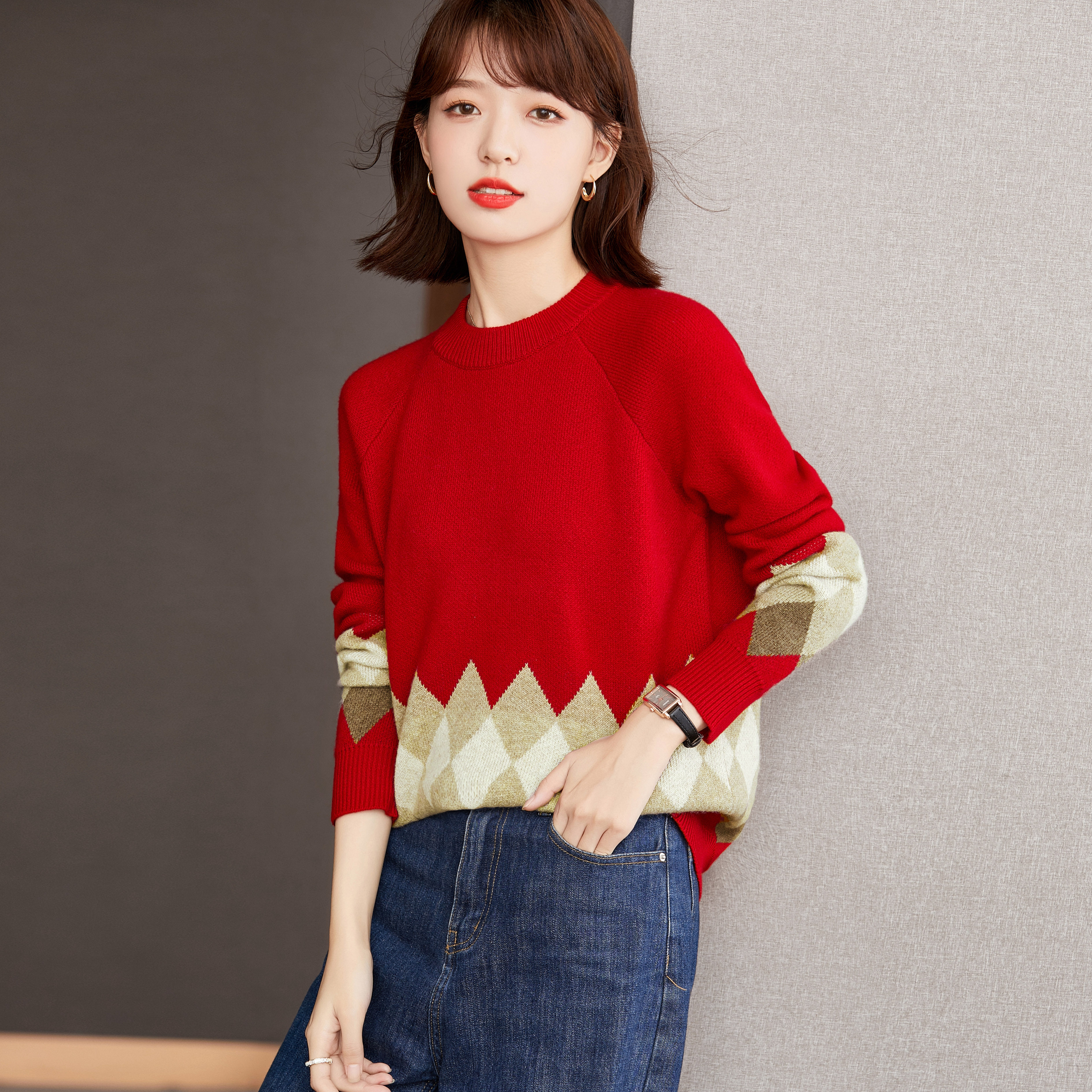 正品哥弟新款女装2021秋冬显瘦红色本命年宽松针织衫毛衣女打底衫