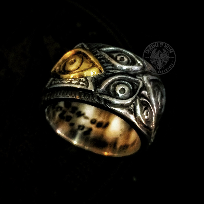 mezen原创大师级手工雕刻黄金上帝全知之眼个性男戒指环银饰订做
