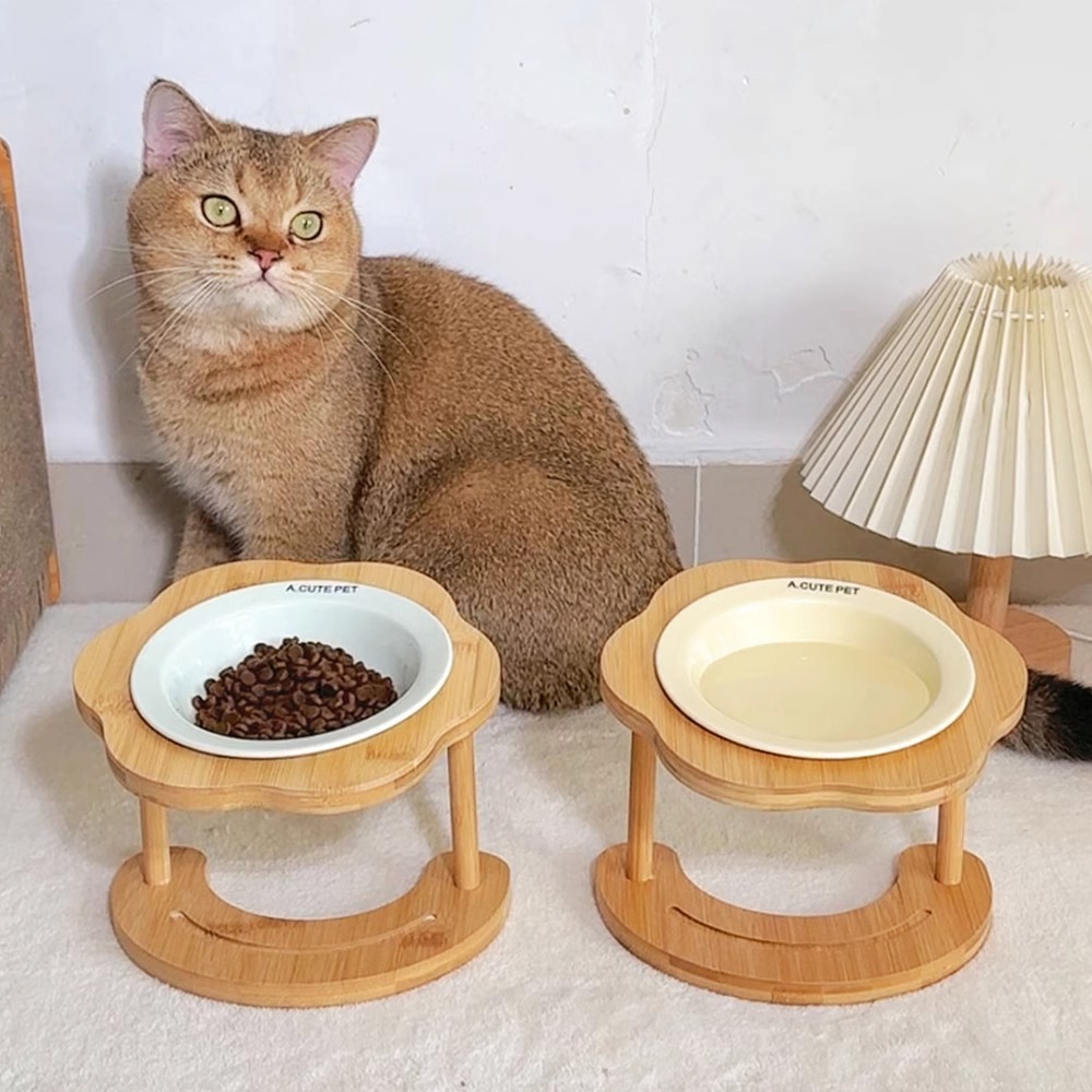 猫碗陶瓷飞碟碗加高花朵碗架猫食盆狗