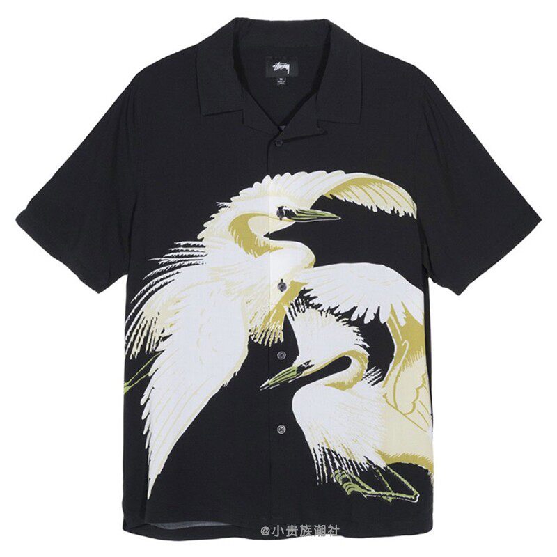 一折stussy短袖衬衫_现货stussy big crane shirt仙鹤印花夏威夷短袖