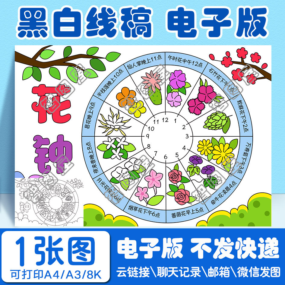 花钟手抄报模板电子版小学生黑白线稿图a3 8开4开