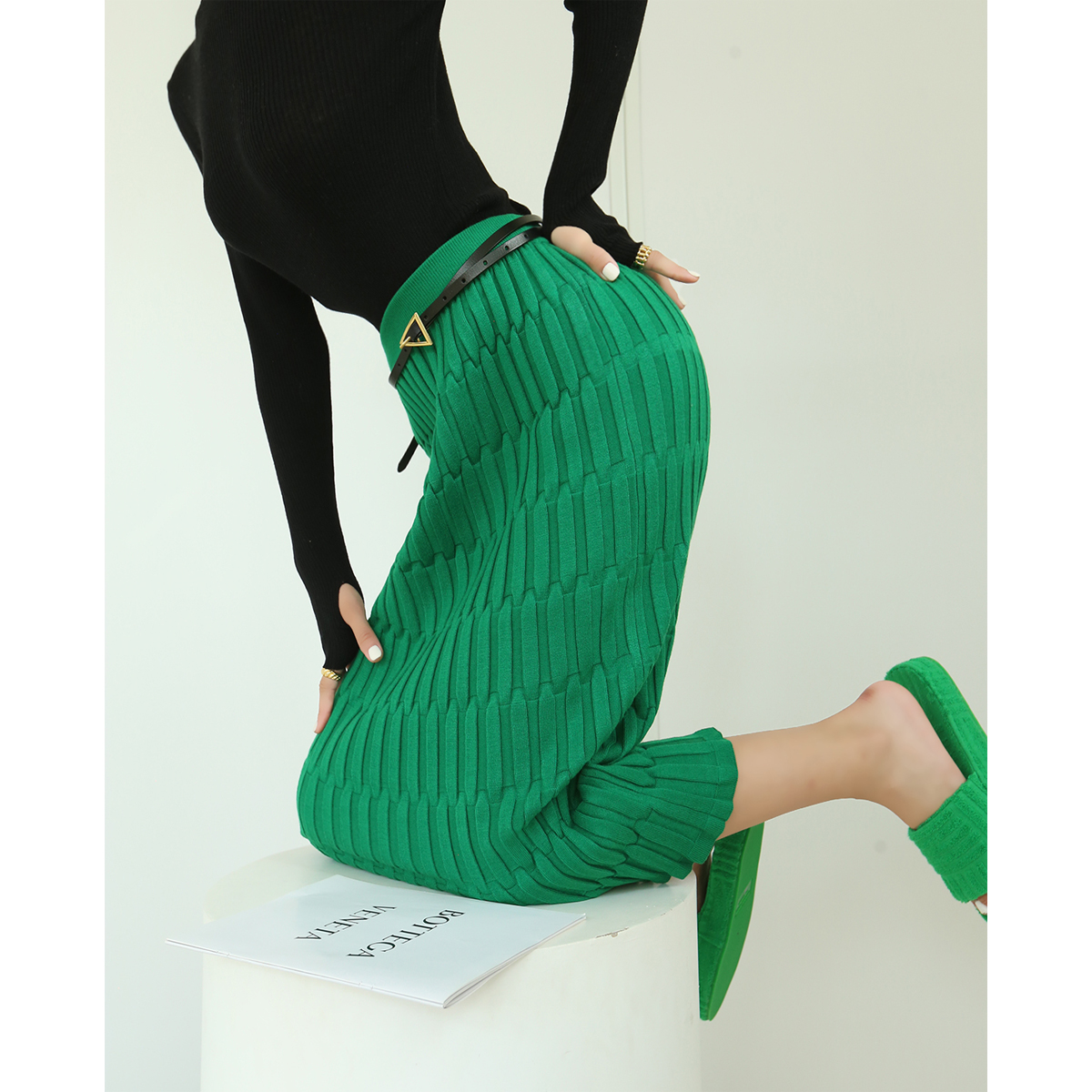 a1st编辑店 法式bv绿色编织半身裙a字针织高腰显瘦百搭包臀裙女