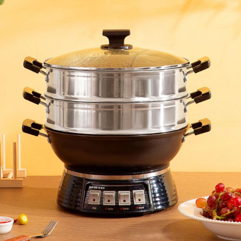 苏泊尔电炒锅多功能电热锅家用炒菜蒸煮煎炖铸铁不粘一体式带蒸笼
