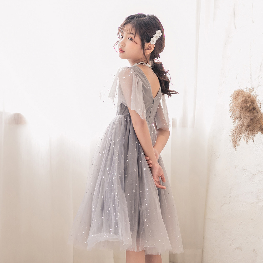 (今日5.6折)女童连衣裙短袖夏装大童星星网纱公主礼服长裙10岁超洋气