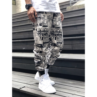 潮叁lonely walker联名薄款报纸裤国潮牌束脚裤男女情侣运动裤