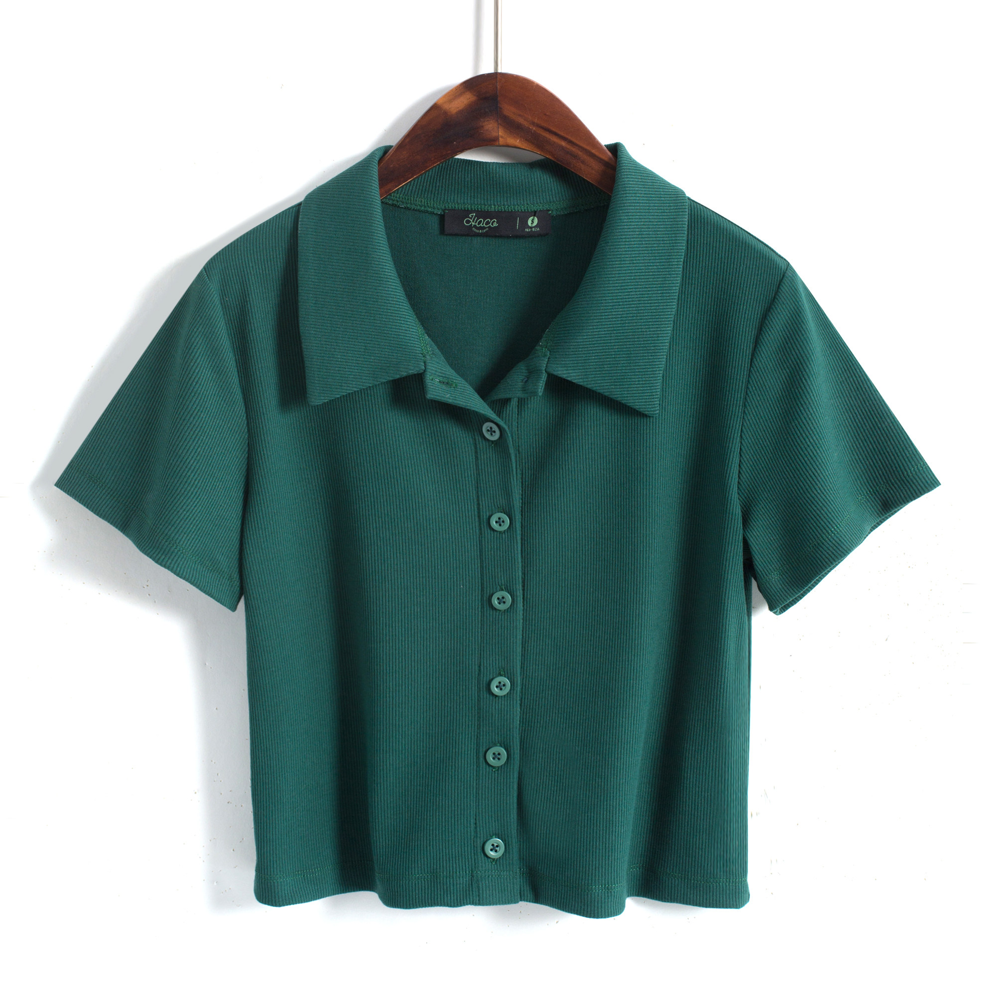 哈果超人 绿色针织polo衫女夏季薄款修身日系学院风半袖纯色开衫 - 哈