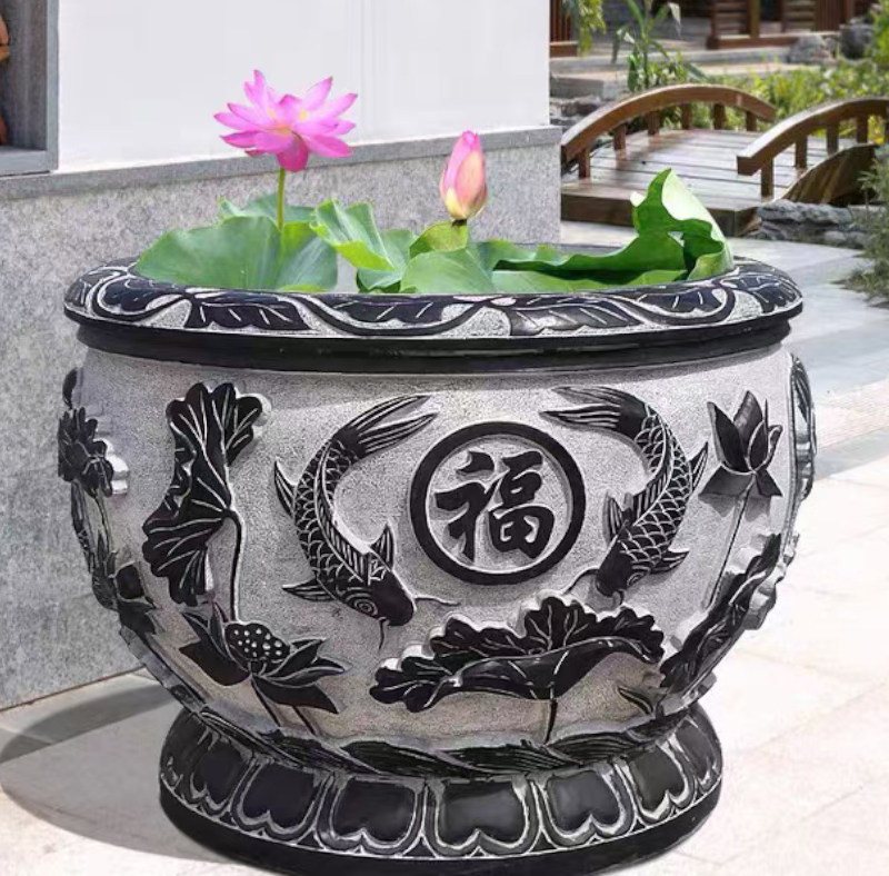 圆雕青石鱼缸荷花圆盆福鱼石材雕刻花盆刻道水缸庭院装饰种花招财