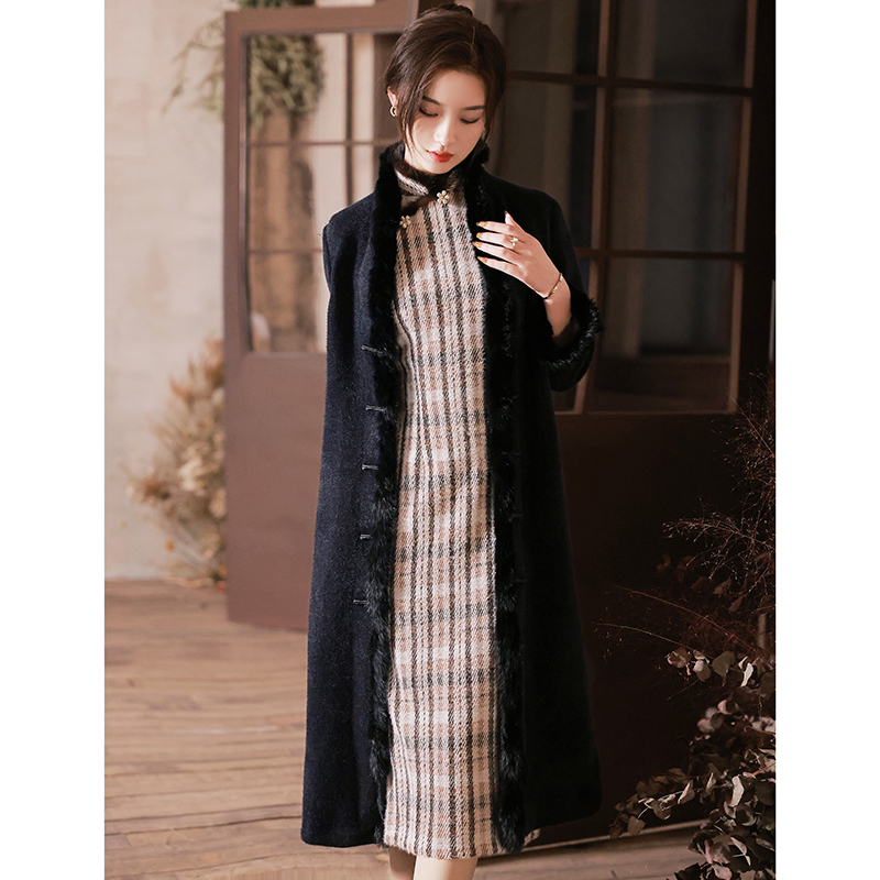 长袖水貂绒加厚保暖旗袍开衫外套冬款女中式高端显瘦日常百搭大衣