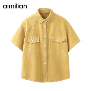 艾米恋短袖衬衫女夏季薄款小个子宽松衬衣外套设计感小众黄色上衣