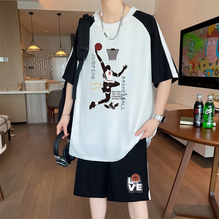 潮流短袖t恤套装男夏季港风上衣青少年韩版圆领撞色体恤衫两件套