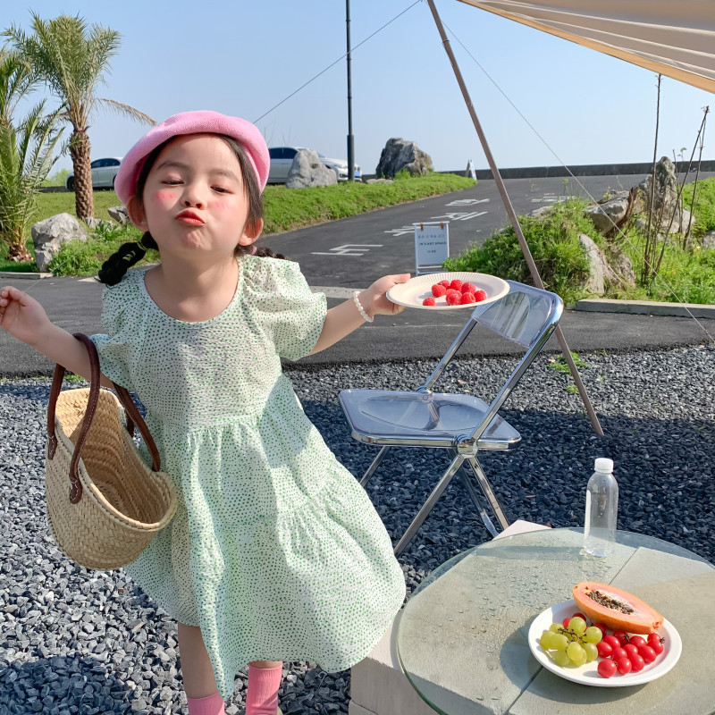 韩国童装夏季新品儿童洋气公主裙女童短袖点点印花娃娃裙公主长裙