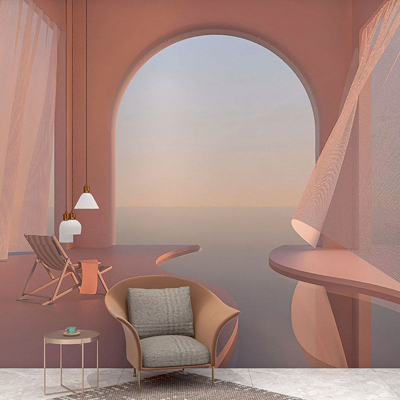 新品网红莫兰迪色拱门客厅墙纸海景视觉延伸壁纸服装直