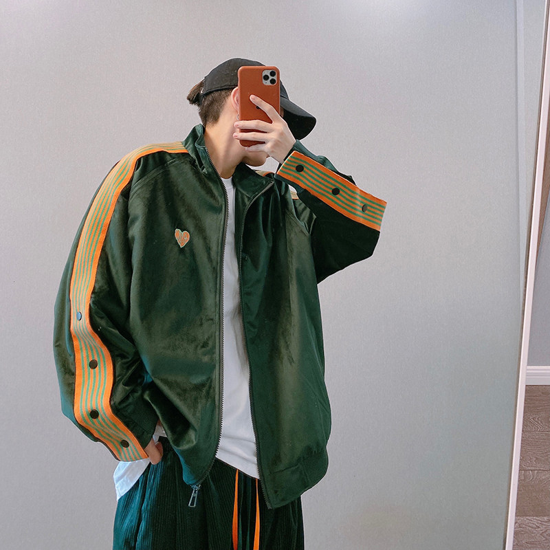 dannyandzee秋季国潮高街新款痞帅宽松条纹拼接丝绒夹克外套男INS