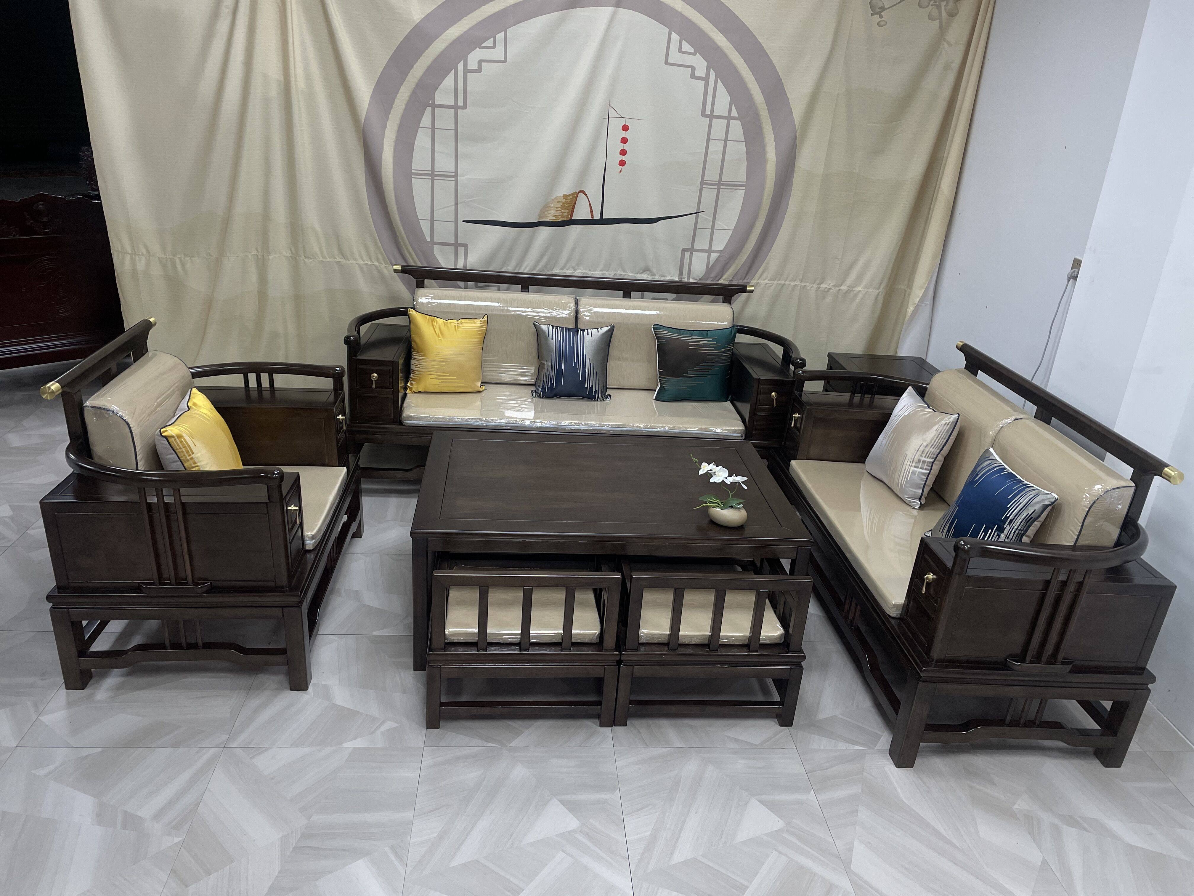 新中式胡桃木沙发实木储物榫卯123组合别墅大气家具冬夏两用简