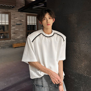 夏季高级感垫肩短袖T恤男小众流苏装饰设计感韩版重磅纯棉半袖t恤