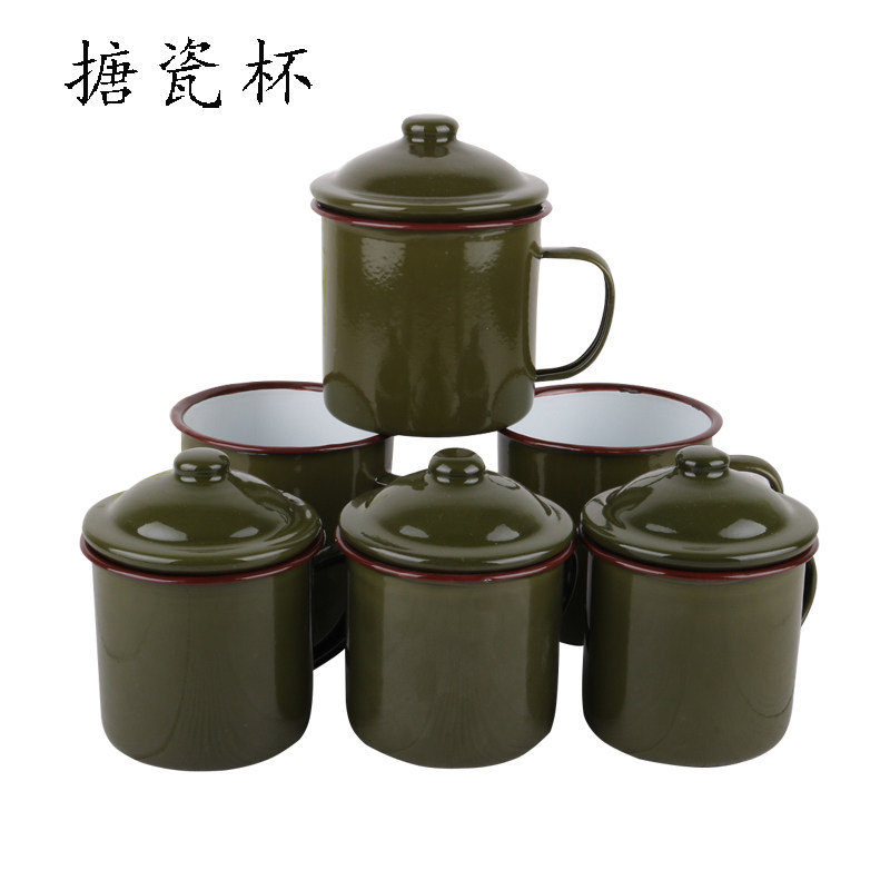 老式怀旧经典军绿色搪瓷杯复古老式茶缸铁茶缸子有盖 泡茶杯 带把
