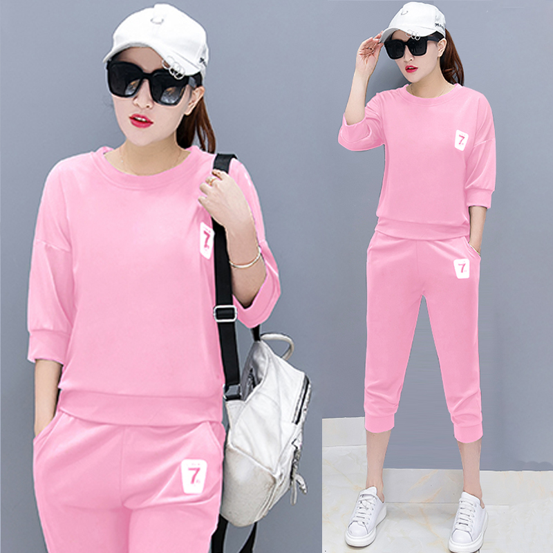 春夏休闲运动套装女长袖圆领卫衣时尚两件套新款2020大码宽松跑步