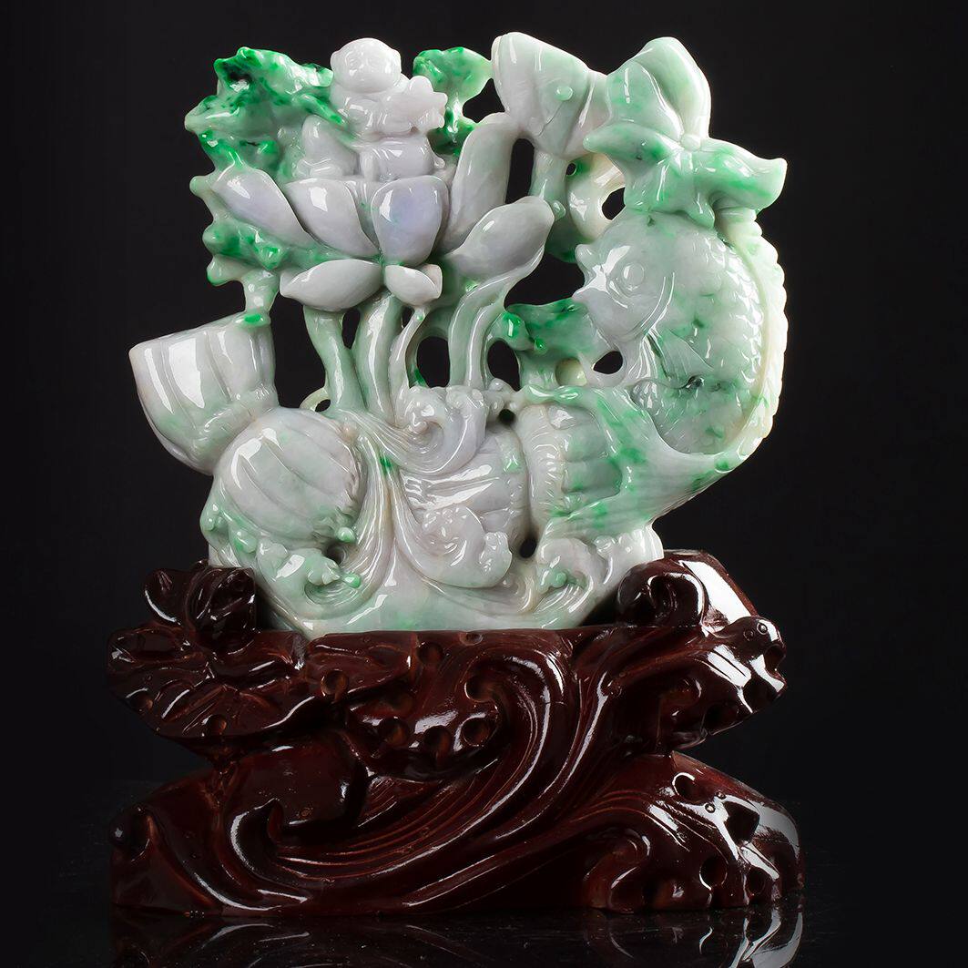 天然a货 老坑水润飘绿荷花鱼翡翠摆件 1.69千克